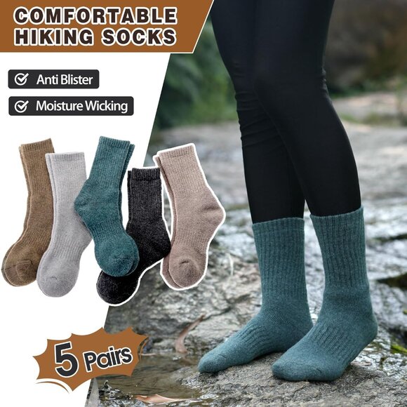 Women Merino Wool Khaki Series Sock 5 Pairs Warm Thick Crew Winter Boot Socks - Picture 5 of 6